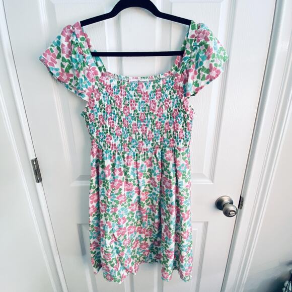 Floral Smocked Dress Womens Green Pink Flutter Sleeve Square Neck Rayon babydoll - Picture 1 of 4